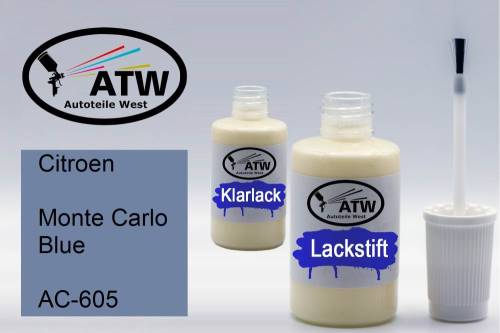 Citroen, Monte Carlo Blue, AC-605: 20ml Lackstift + 20ml Klarlack - Set, von ATW Autoteile West.